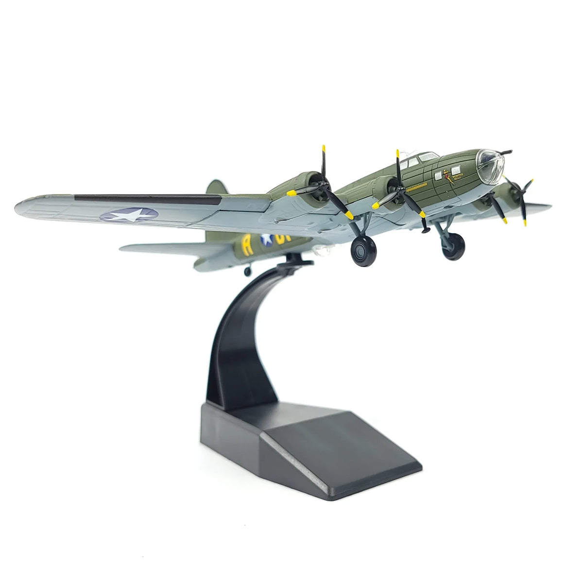 NUOTIE Model B-17F Flying Fortress diecast model in green with yellow markings, front view on stand