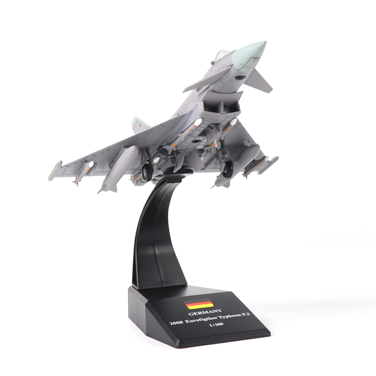 NUOTIE Eurofighter Typhoon EF-2000 model in gray, underside view with stand