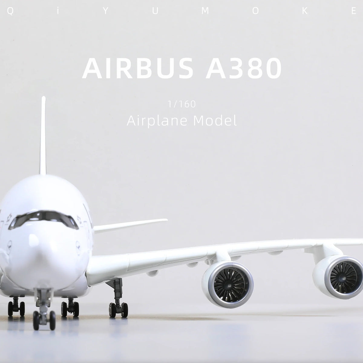 QIYUMOKE Airbus A380 airplane model in front view highlighting engines and landing gear