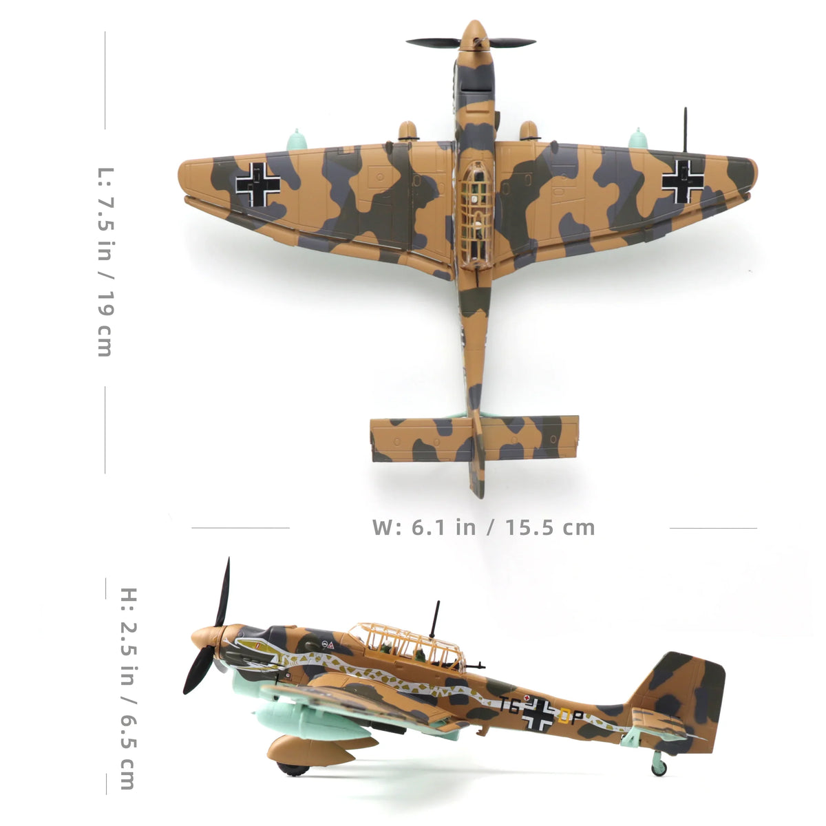 NUOTIE Model 1/72 scale Junkers Ju-87 Stuka diecast metal model aircraft, detailed top and side view with dimensions