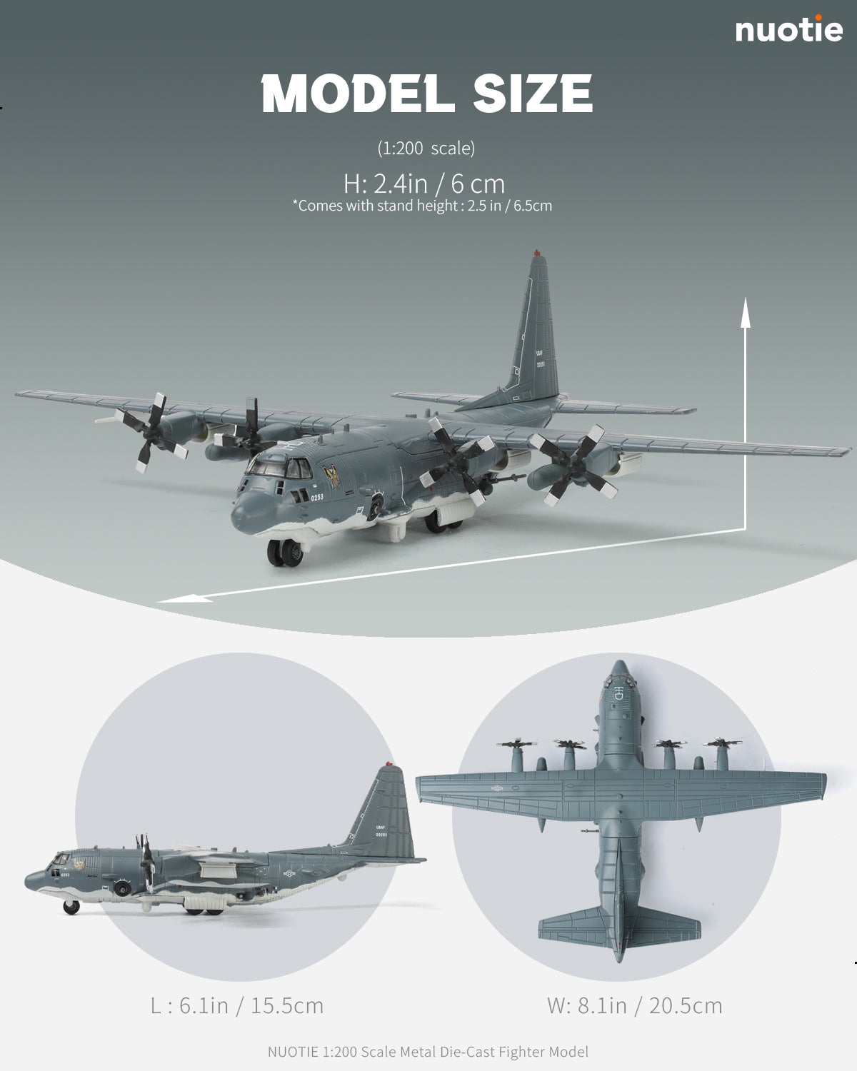 NUOTIE AC-130U Spooky II gunship model in grey, top view showing details