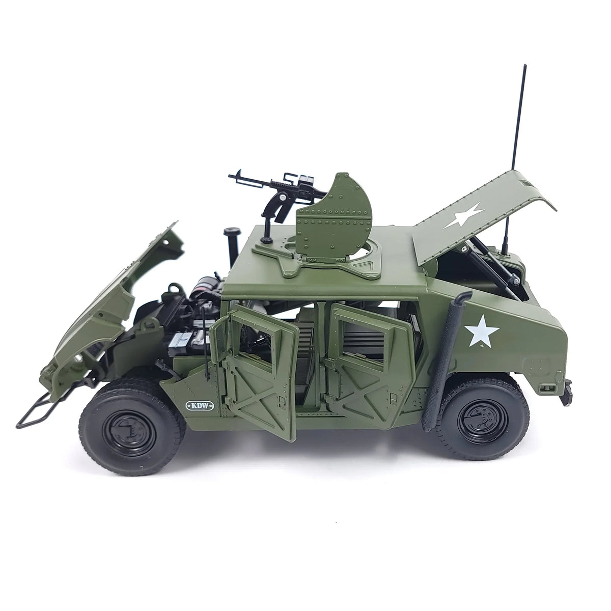 Side view of a 1:18 scale die-cast Hummer H1 military armored truck model with open doors and mounted gun.