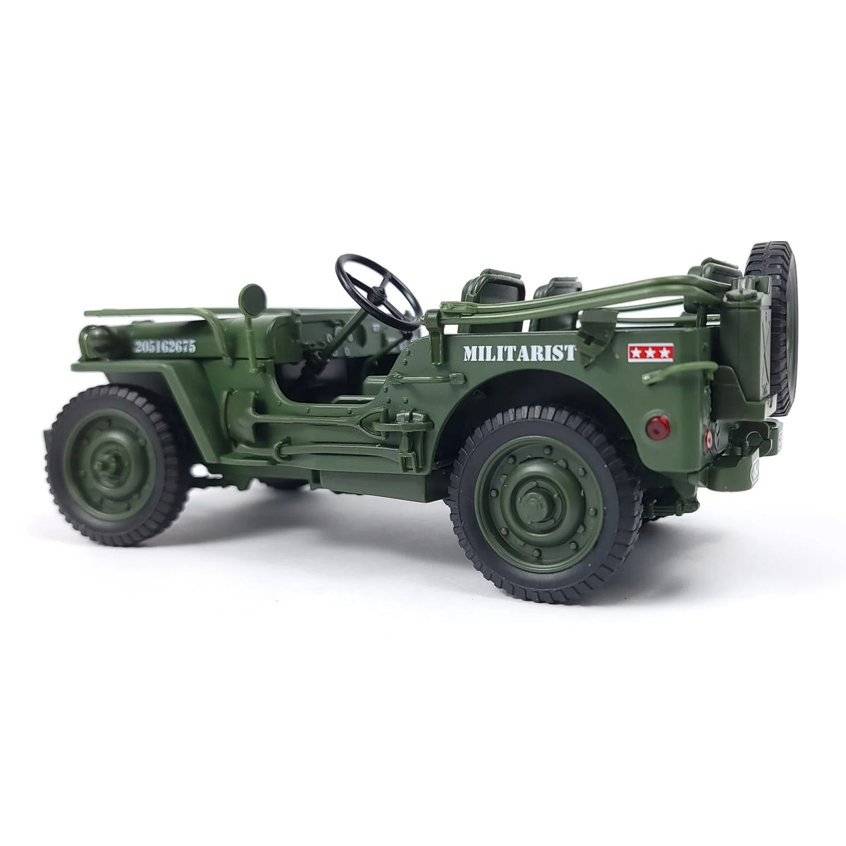 Side view of a green die-cast Willys military jeep model with detailed features and wheels.