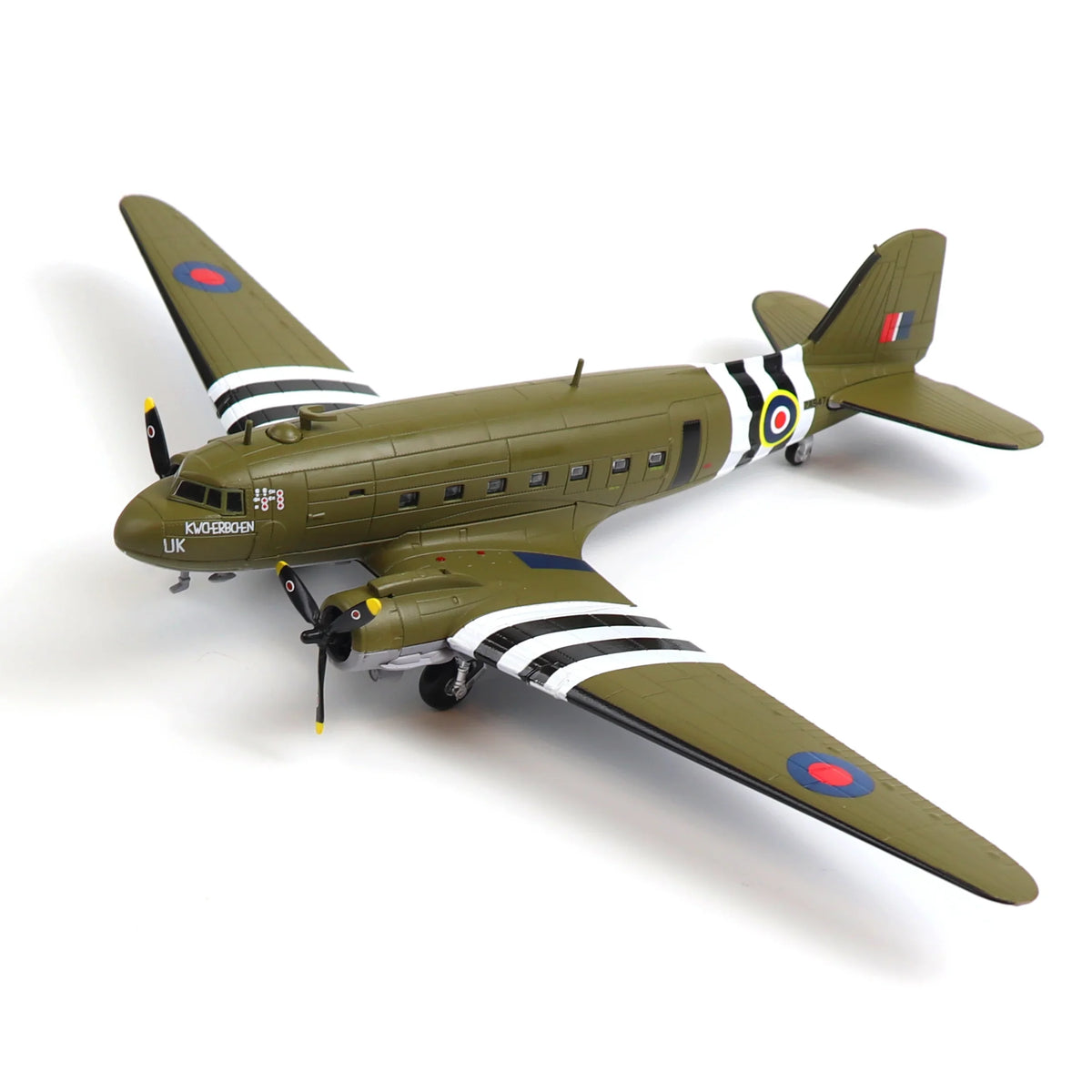 NUOTIE Model Douglas C-47 Dakota Mk III diecast aircraft, top view with camouflage and RAF stripes