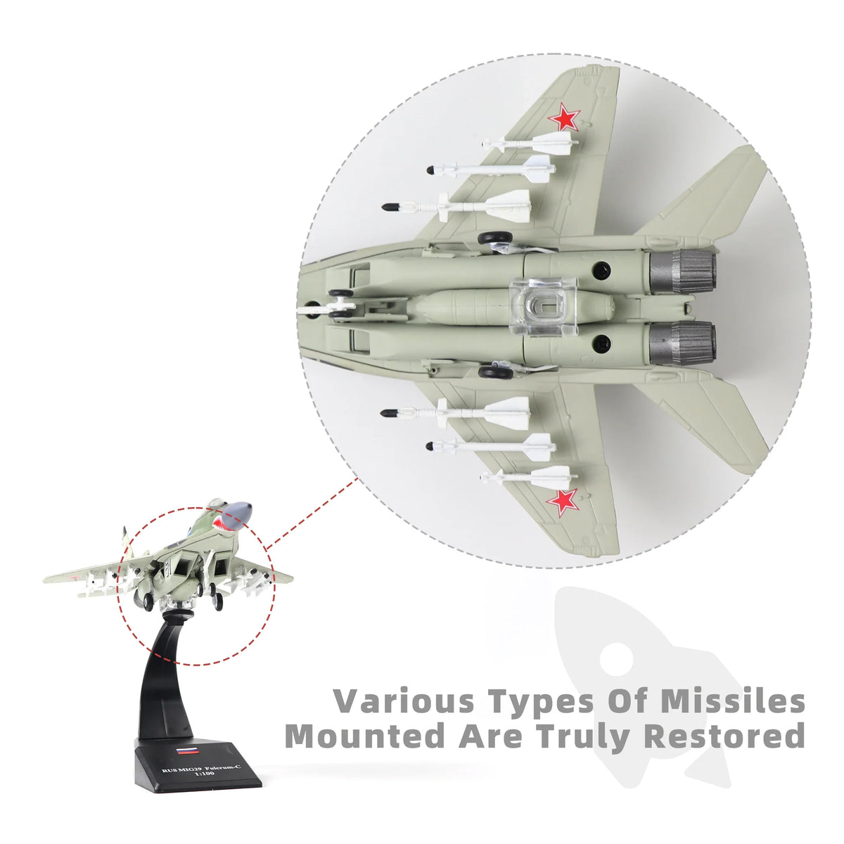 NUOTIE 1/100 Mikoyan MiG-29 Fulcrum model on stand with missiles, bottom view