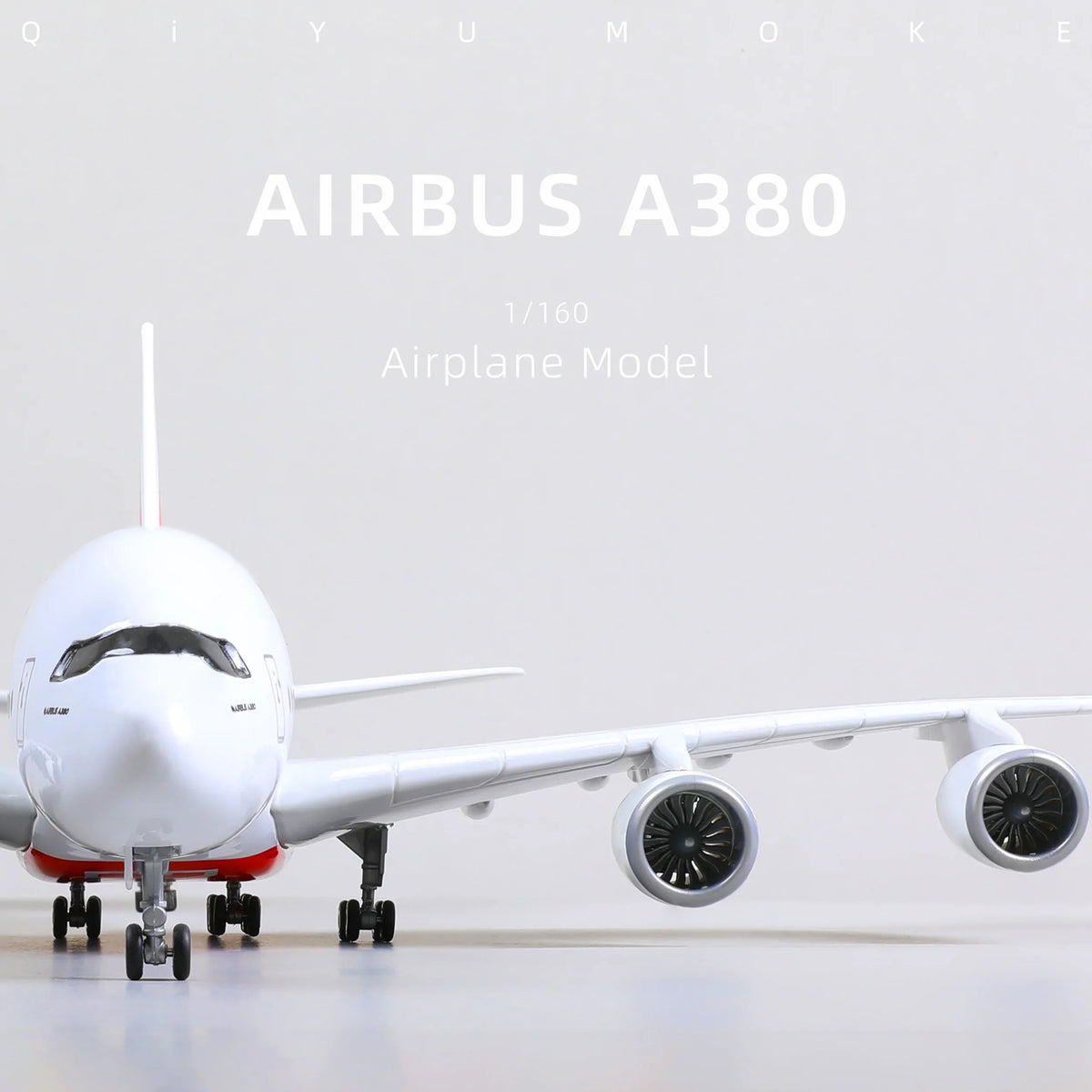 QIYUMOKE Airbus A380 airplane model, showcasing engines and wings, front view