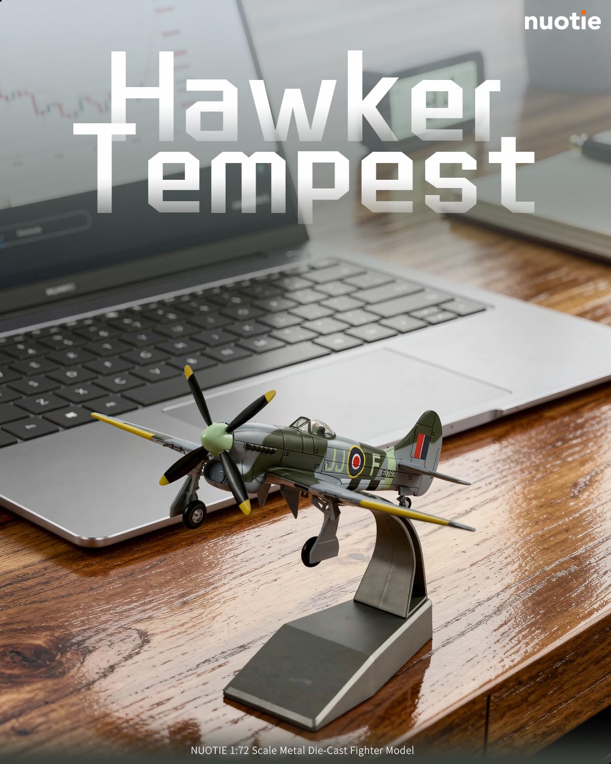 NUOTIE 1/72 Hawker Tempest aircraft on display stand, showcasing front view and propeller details