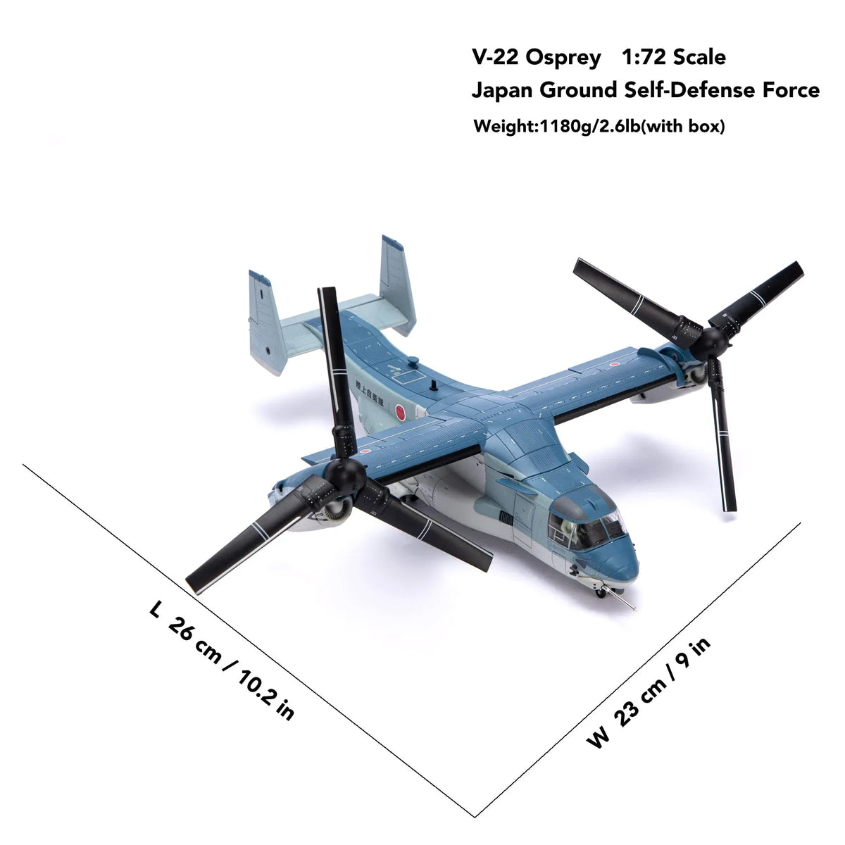NUOTIE 1/72 V-22 Osprey diecast model in navy with rotors, top view