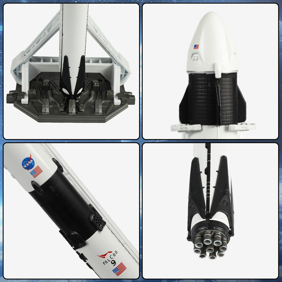 Four detailed views of a 1/200 QIYUMOKE SpaceX Starship rocket diecast model.