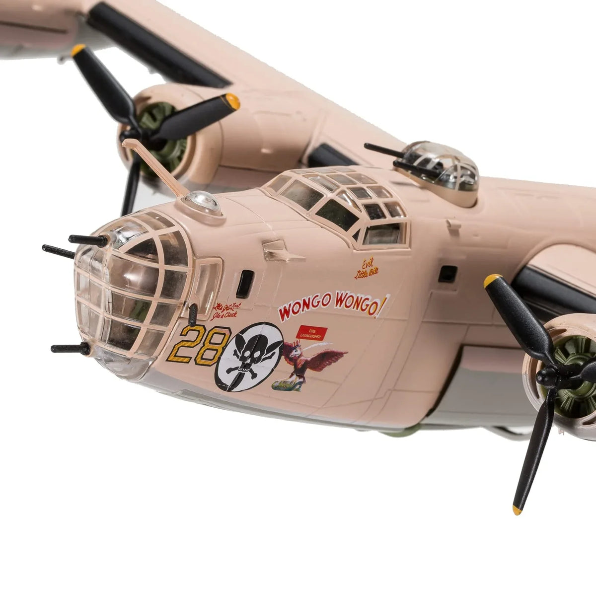 NUOTIE B-24 Liberator diecast model featuring 'Wongo Wongo' livery, close-up of nose