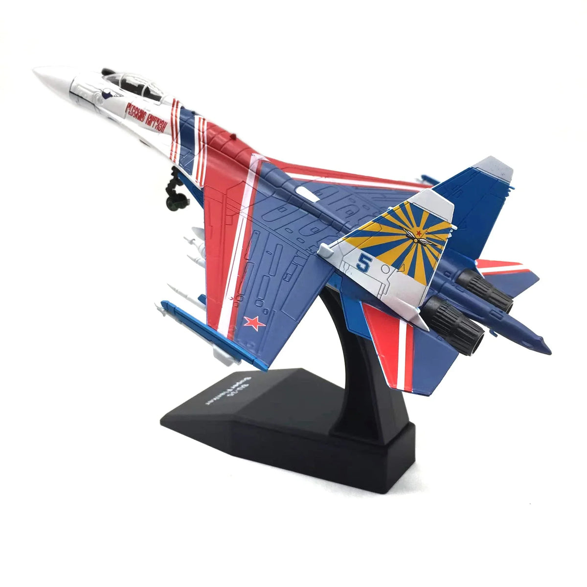 NUOTIE SU-35 diecast metal model in blue and red, angled view on stand
