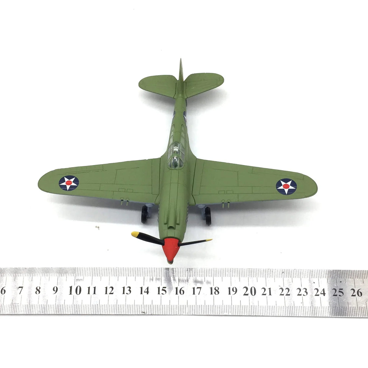 NUOTIE P-40B Tomahawk diecast model, top view with measuring ruler