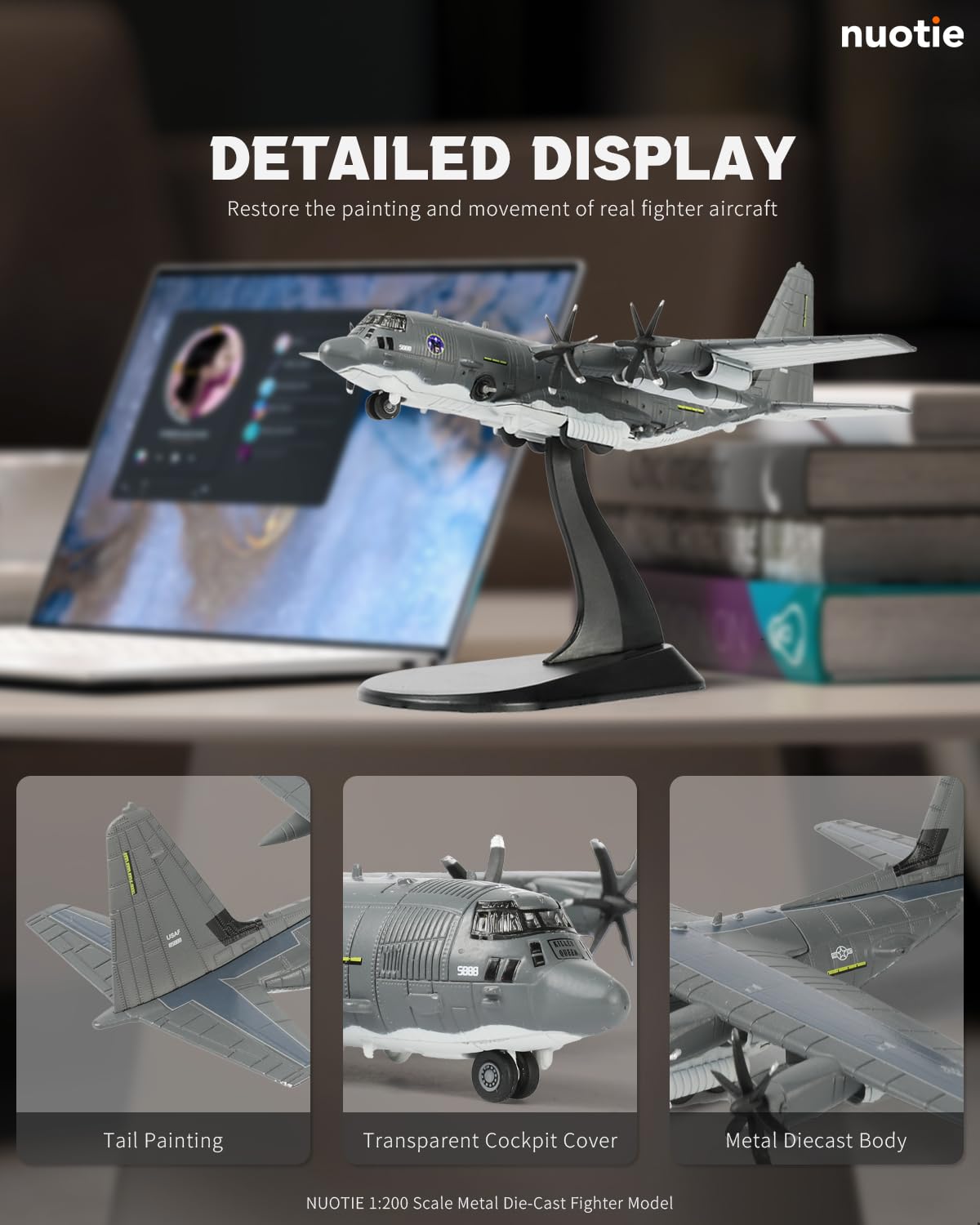 NUOTIE AC-130J Ghostrider model in gray, detailed display with cockpit and tail painting