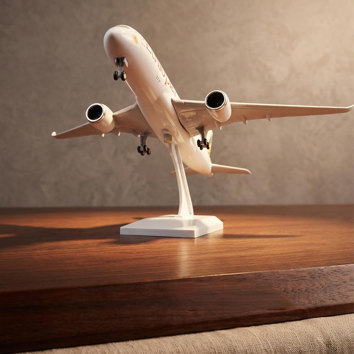 Ethiopian Airlines A350 resin model displayed on a wooden desk with its stand