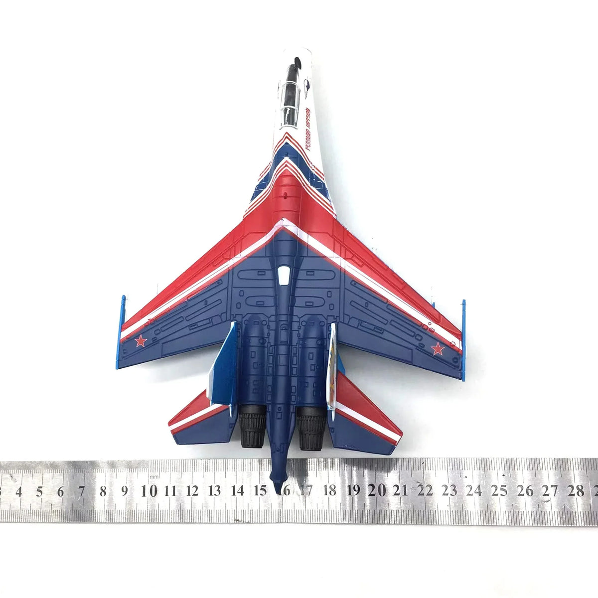 NUOTIE SU-35 diecast metal model in red and blue with stand, top view