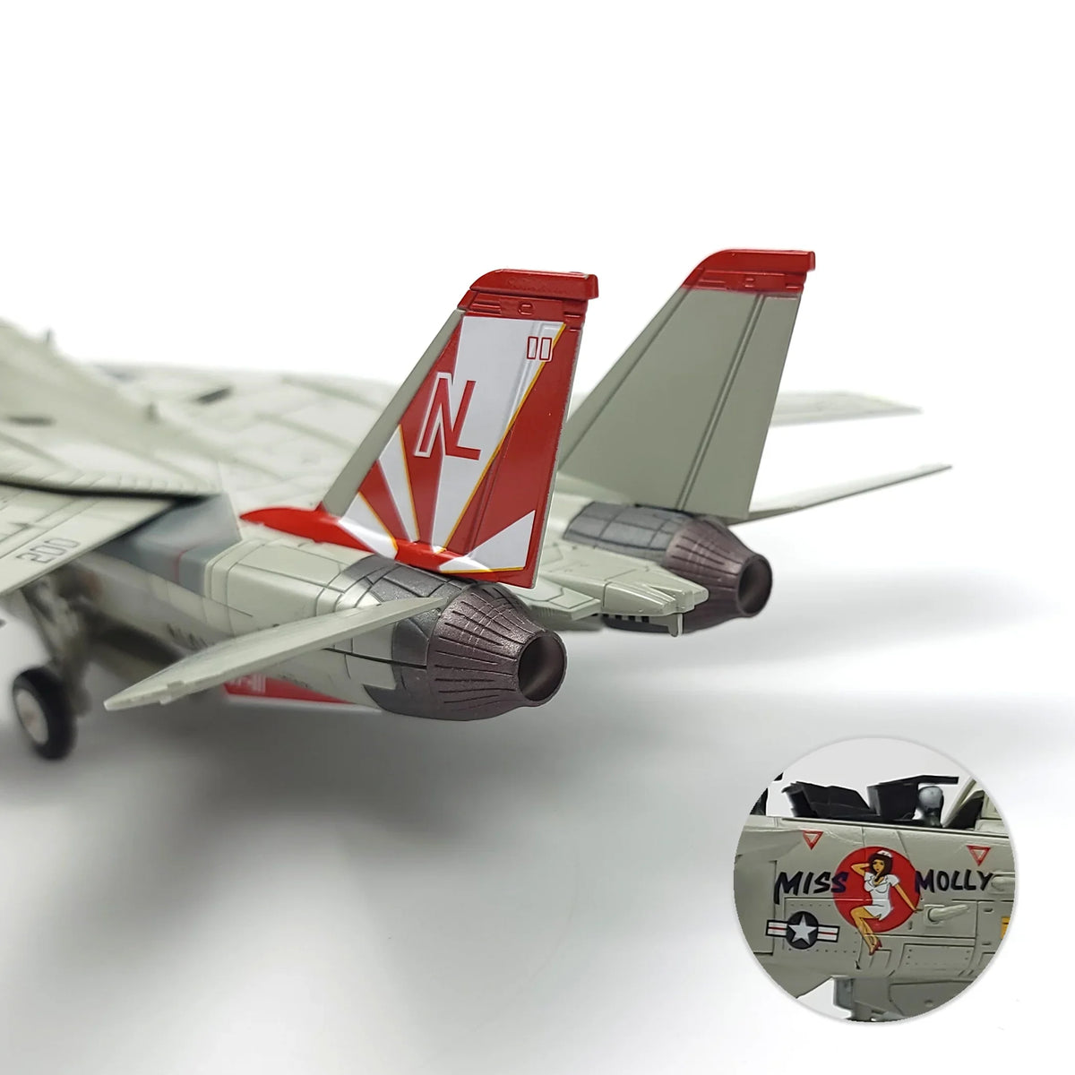 NUOTIE Model F-14 Tomcat diecast model with red tail fins and 'Miss Molly' logo, aircraft rear view