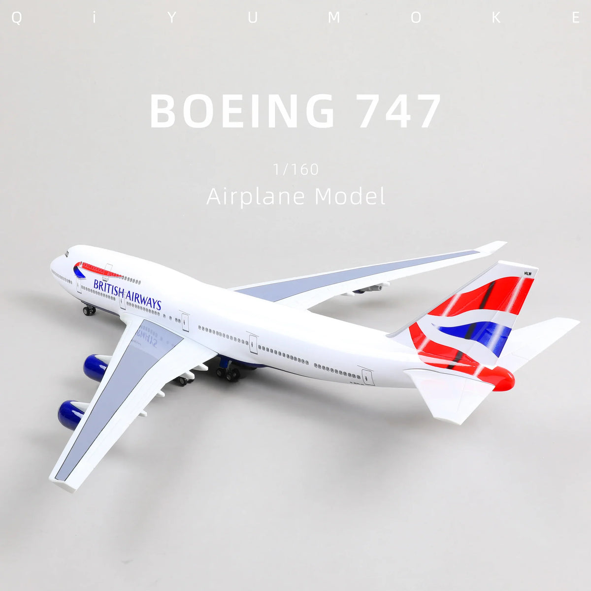 QIYUMOKE Boeing 747 airplane model in white and blue with red accents, top view
