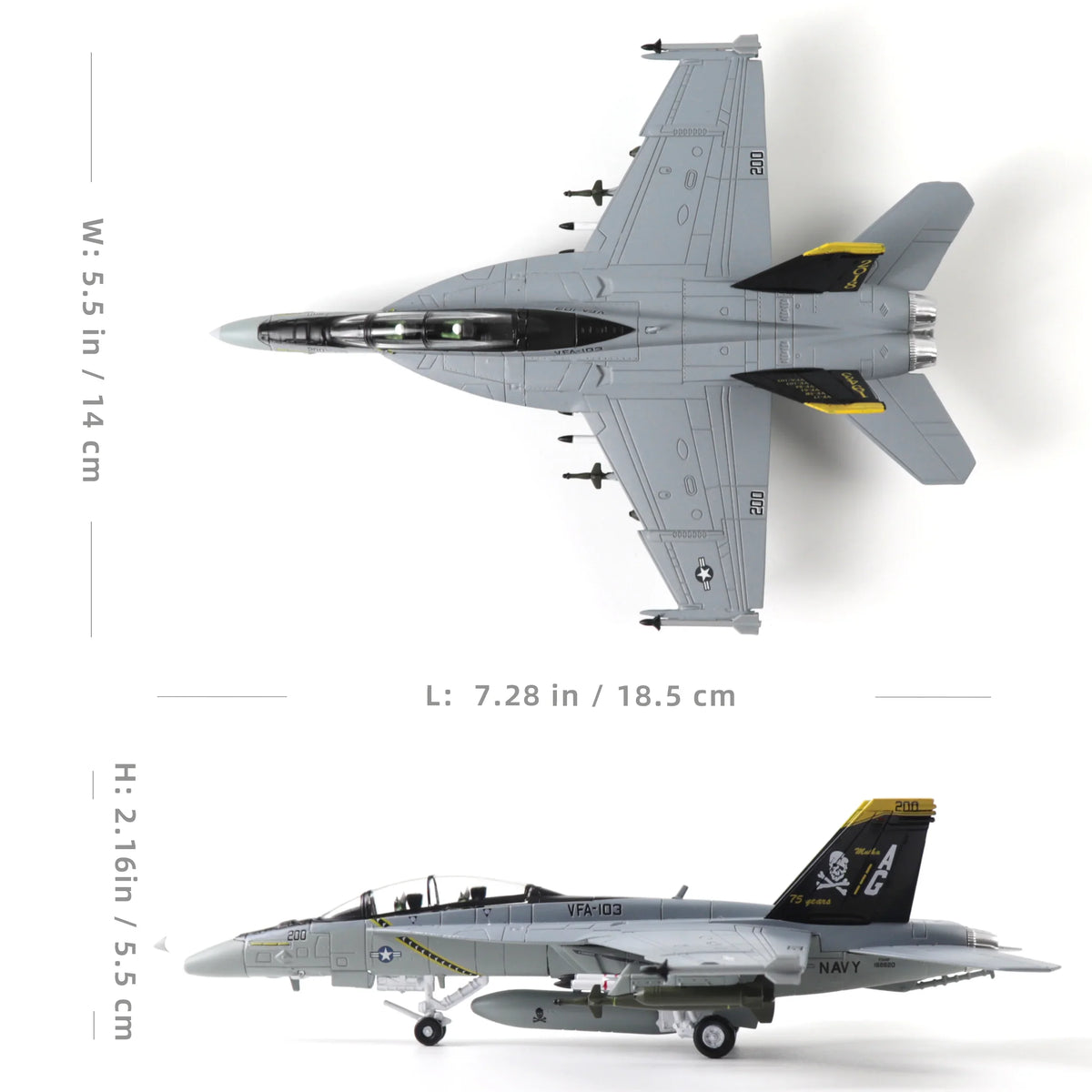 NUOTIE 1/100 F/A-18 Super Hornet model in navy, black, and white, side view with dimensions
