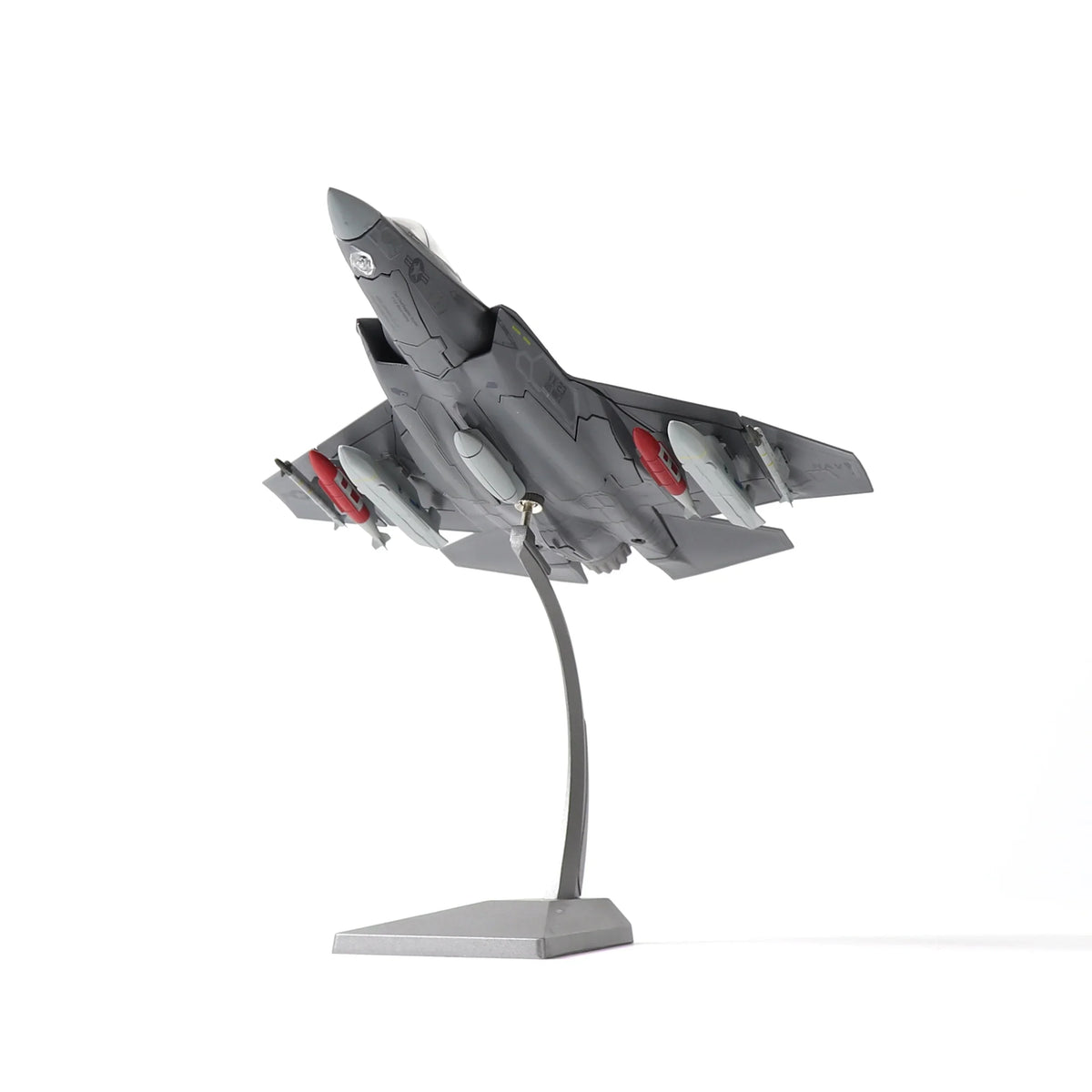 NUOTIE F-35C Lightning II diecast model in navy, angled view with stand