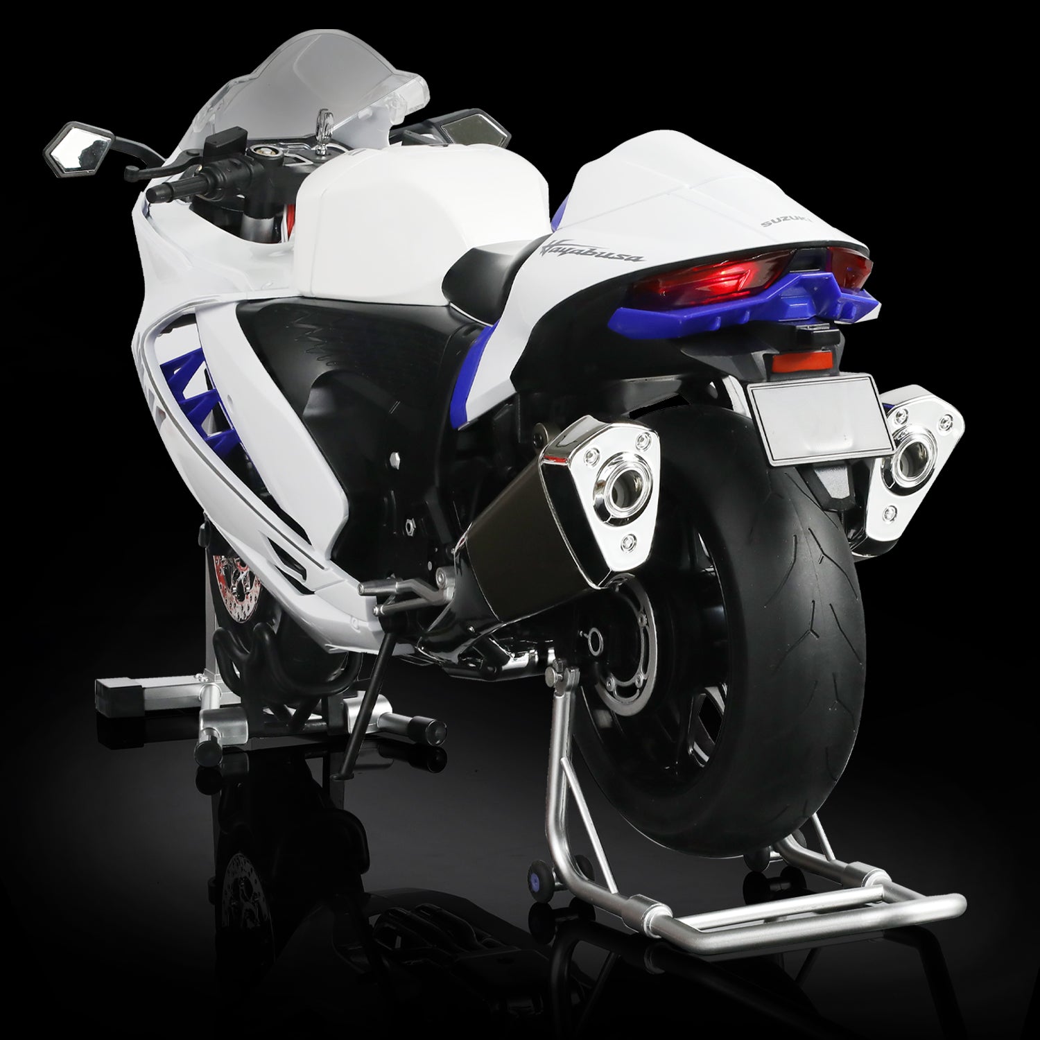 Rear view of the Suzuki Hayabusa motorcycle model displaying tail light and exhaust details.