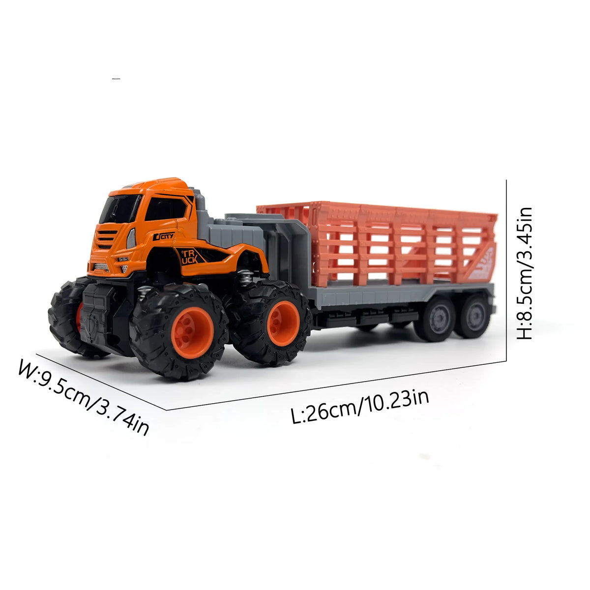 RISOPEN 1:43 die-cast orange dump truck model with dimensions listed