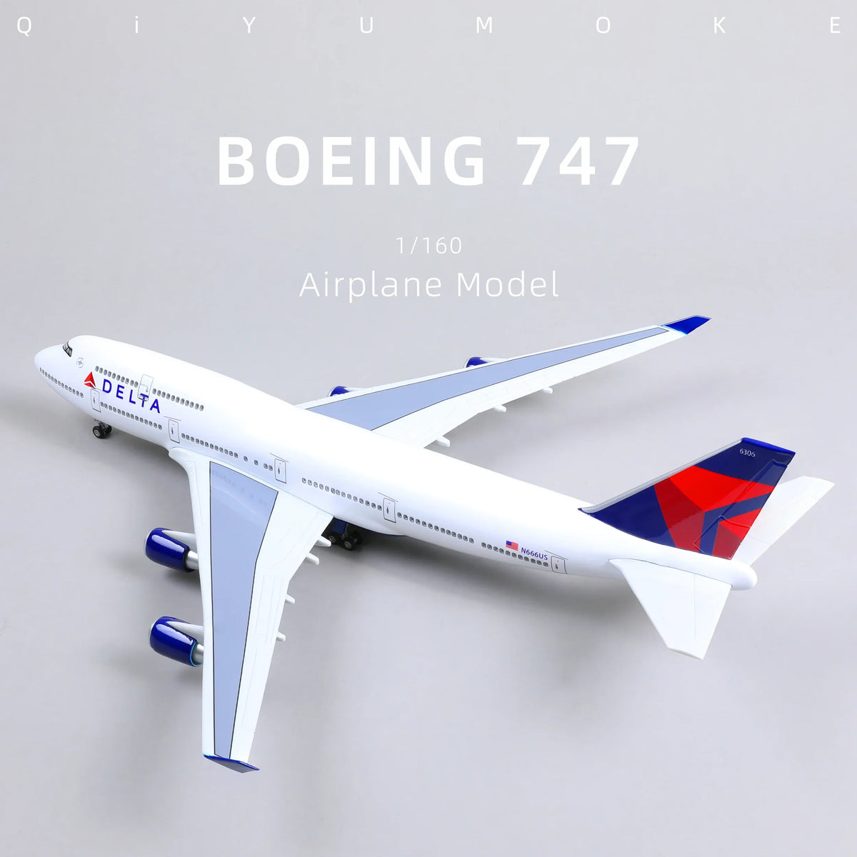 QIYUMOKE Boeing 747 diecast airplane model in Delta Airlines livery, top view