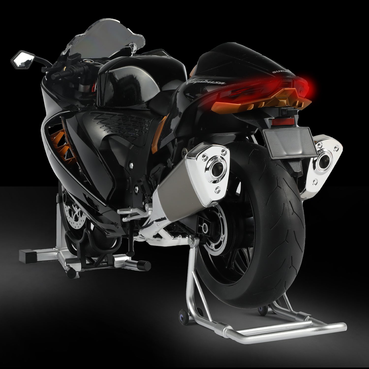 RISOPEN 1:6 Suzuki Hayabusa motorcycle model in black with silver exhaust, rear view with lights on stand