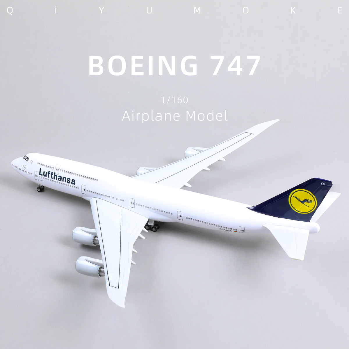 QIYUMOKE Boeing 747 airplane model in white with Lufthansa logo, top view