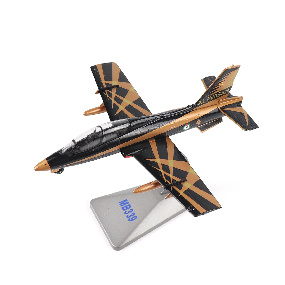 1/72 Scale MB-339 Diecast Metal Model jet with Al Fursan livery on a display stand