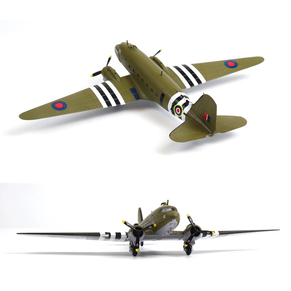 NUOTIE Model Douglas C-47 Dakota Mk III diecast metal model in green with RAF markings, top and rear view