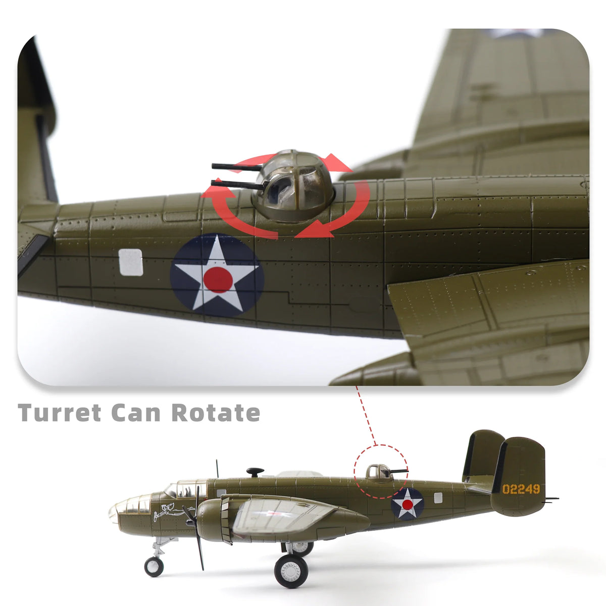 NUOTIE Model B-25B Mitchell diecast model aircraft with rotating turret, top view