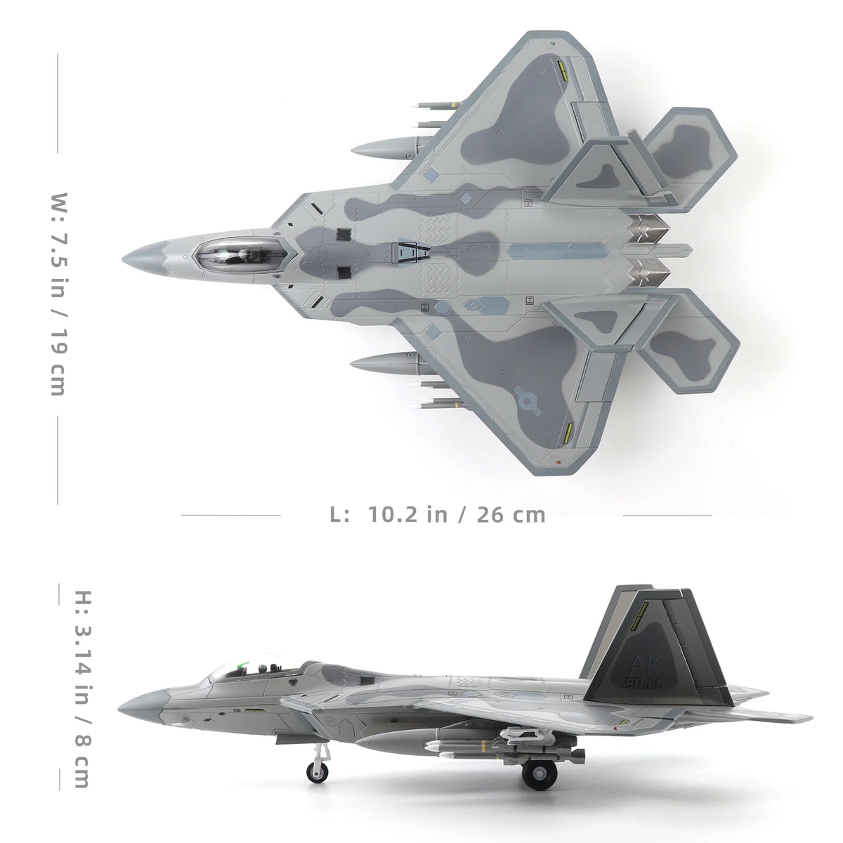 NUOTIE F-22 Raptor diecast metal model in gray, top and side view, aircraft model