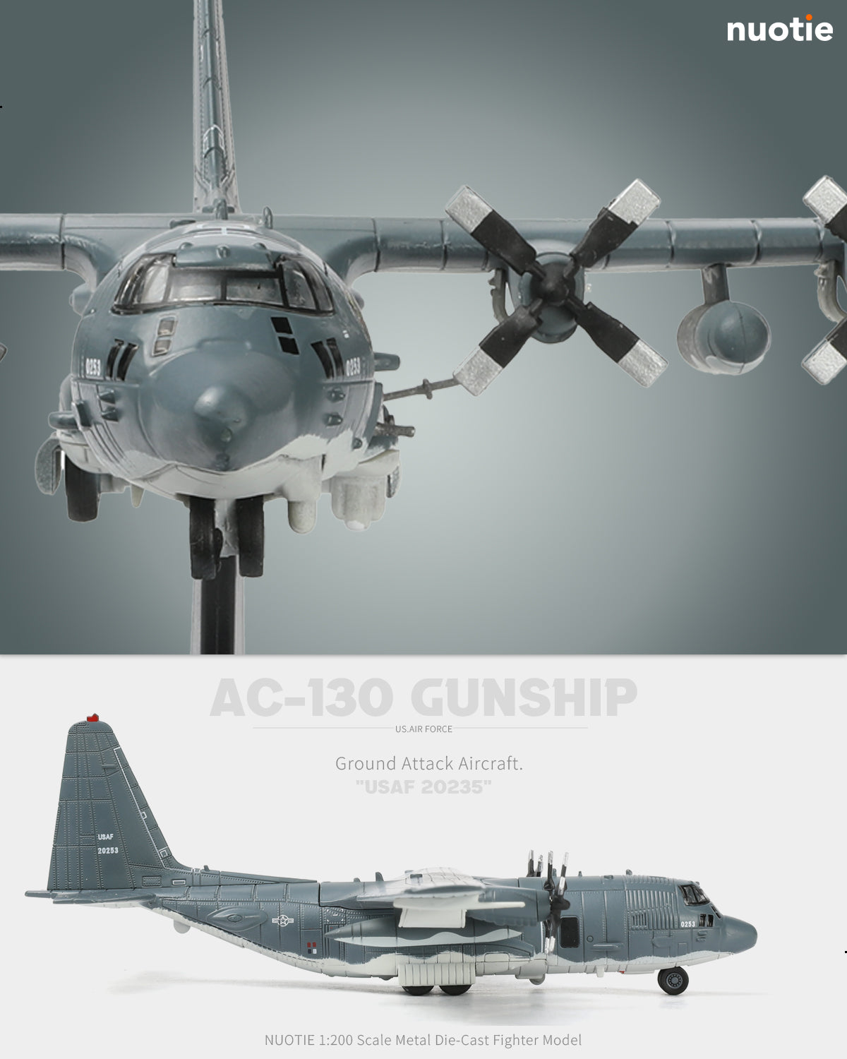 NUOTIE AC-130U Spooky II gunship model in grey, front view on display stand