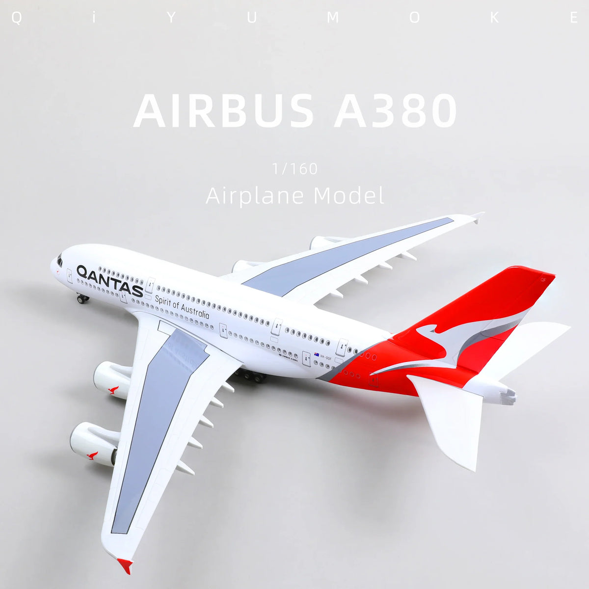 QIYUMOKE Airbus A380 airplane model in red and white with detailed wings, top view