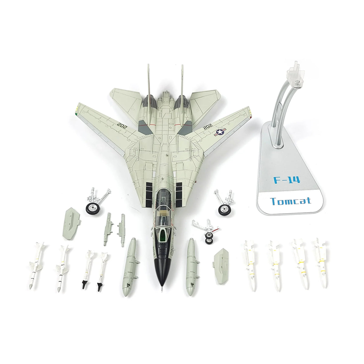 NUOTIE Model F-14A Tomcatters fighter model in navy with accessories displayed on a stand
