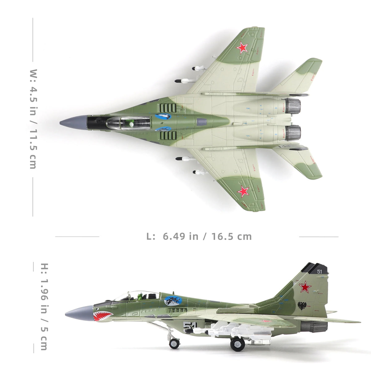 NUOTIE 1/100 Mikoyan MiG-29 Fulcrum diecast metal model in green with red stars, top and side view