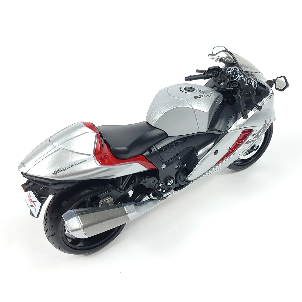 Top view of the Suzuki Hayabusa GSX1300R motorcycle model, highlighting the sleek body and red accents.