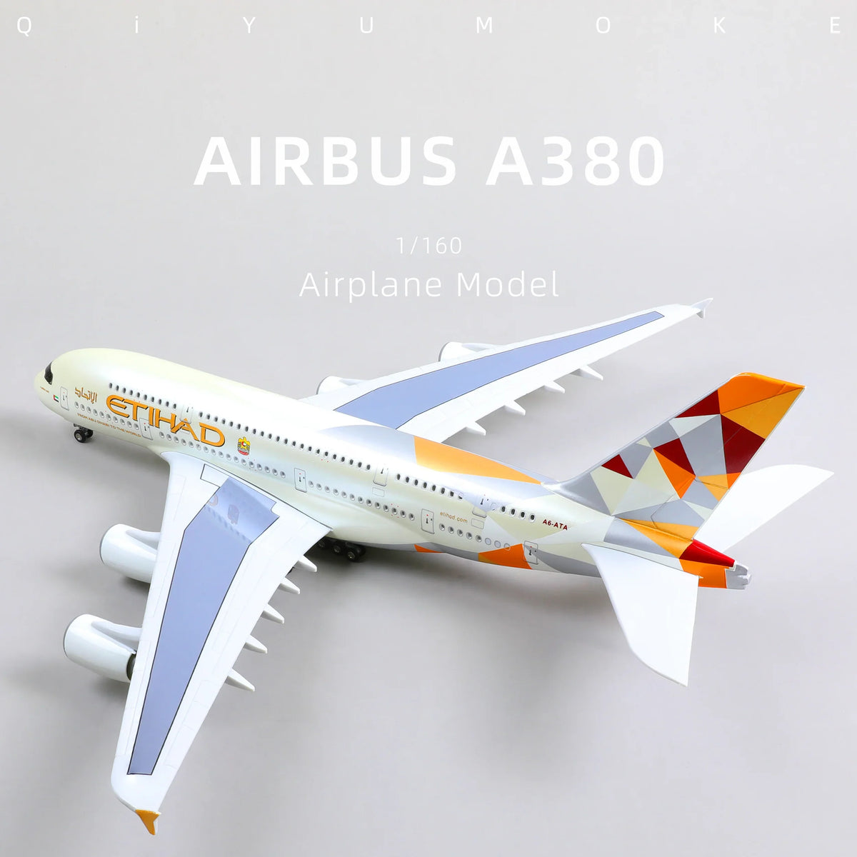 QIYUMOKE Airbus A380 Etihad Airways airplane model in a side view display