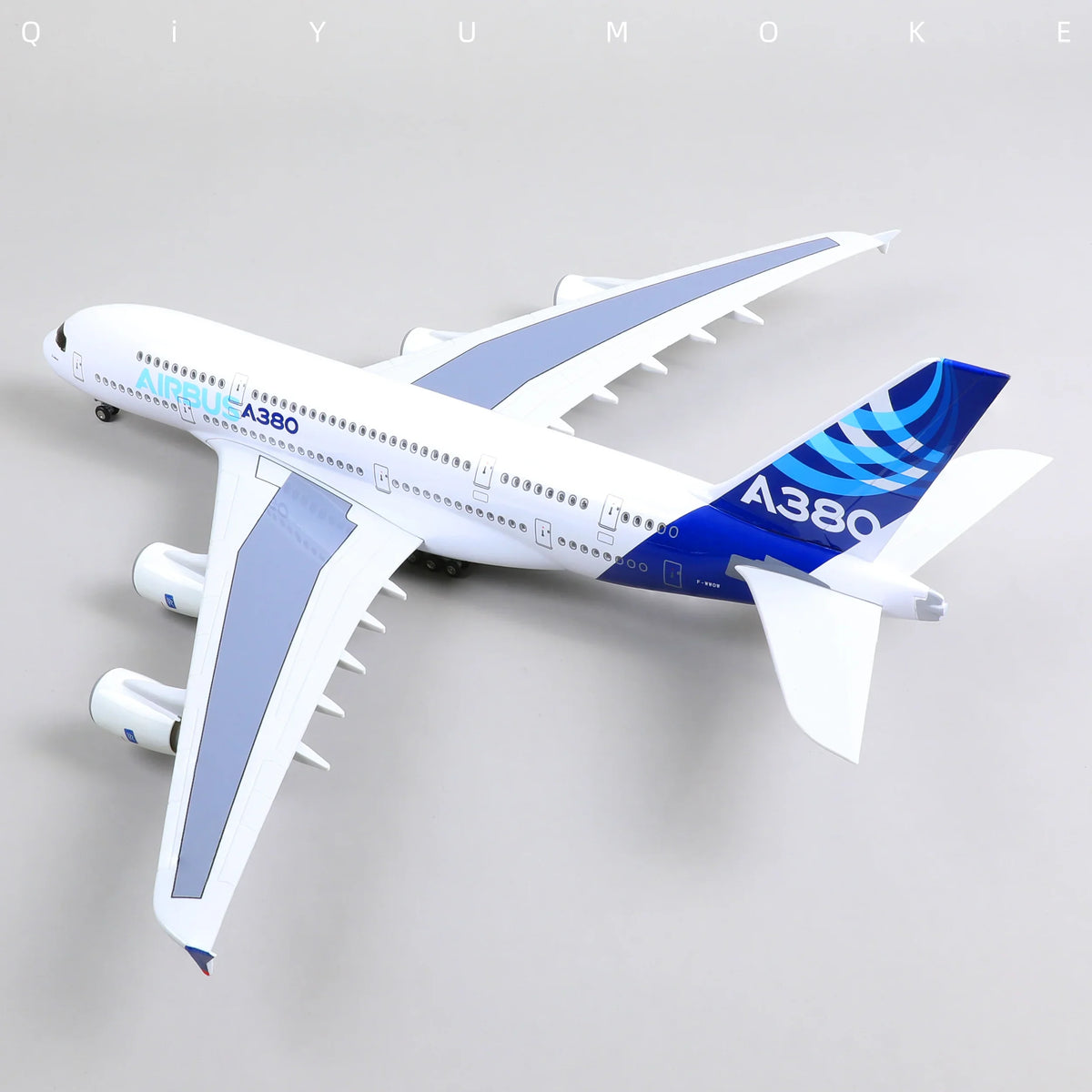 QIYUMOKE Airbus A380 diecast model in test livery, top view