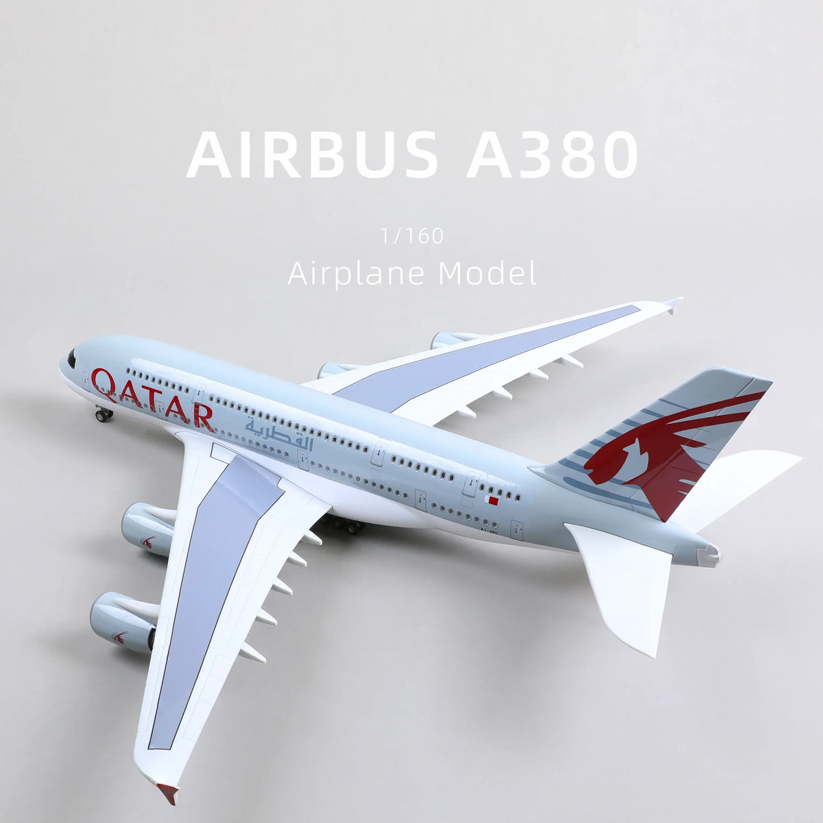 QIYUMOKE Airbus A380 Qatar Airways airplane model in side view with detailed wings and tail