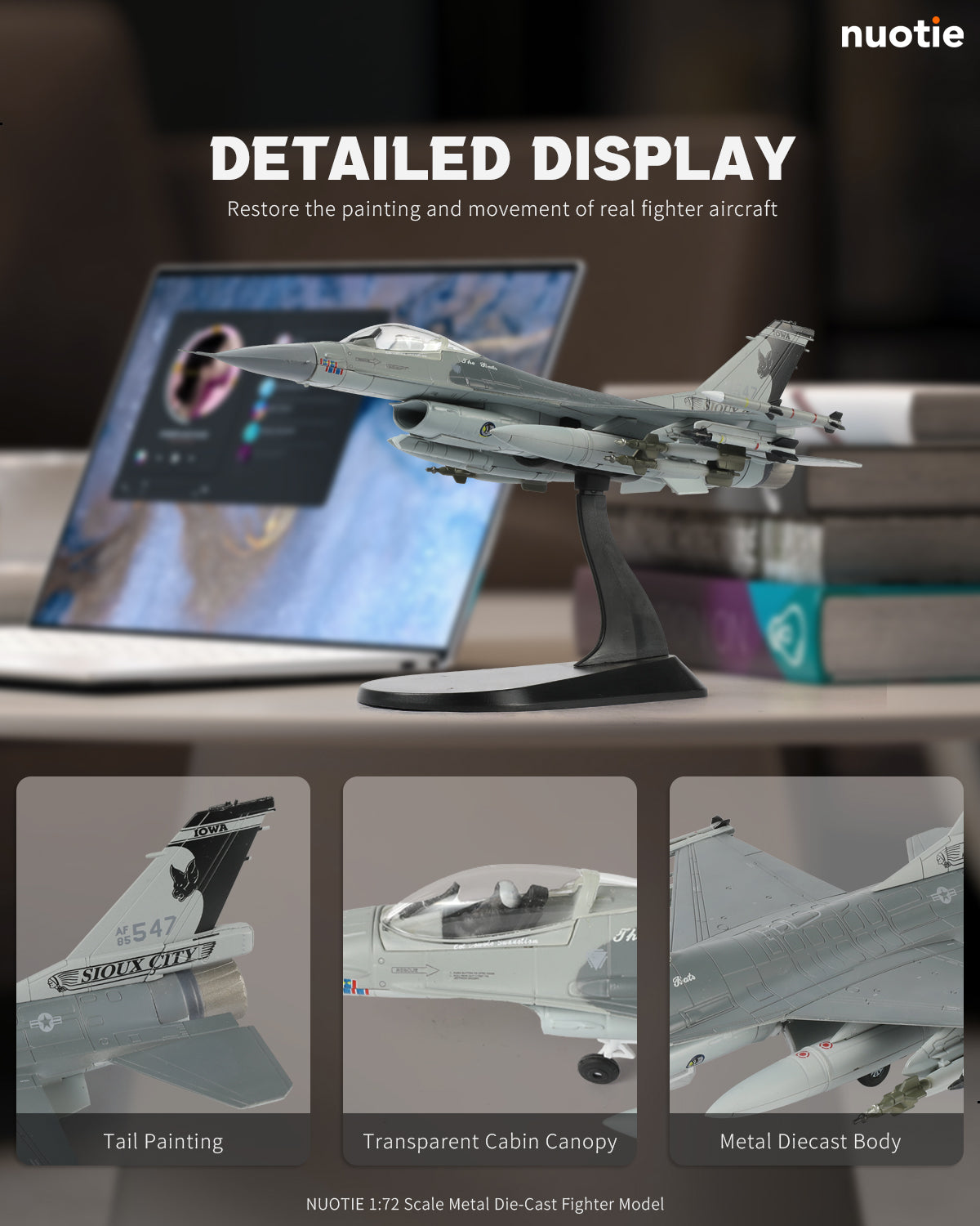 NUOTIE F-16 Fighting Falcon model in black with detailed tail painting, displayed on a stand.