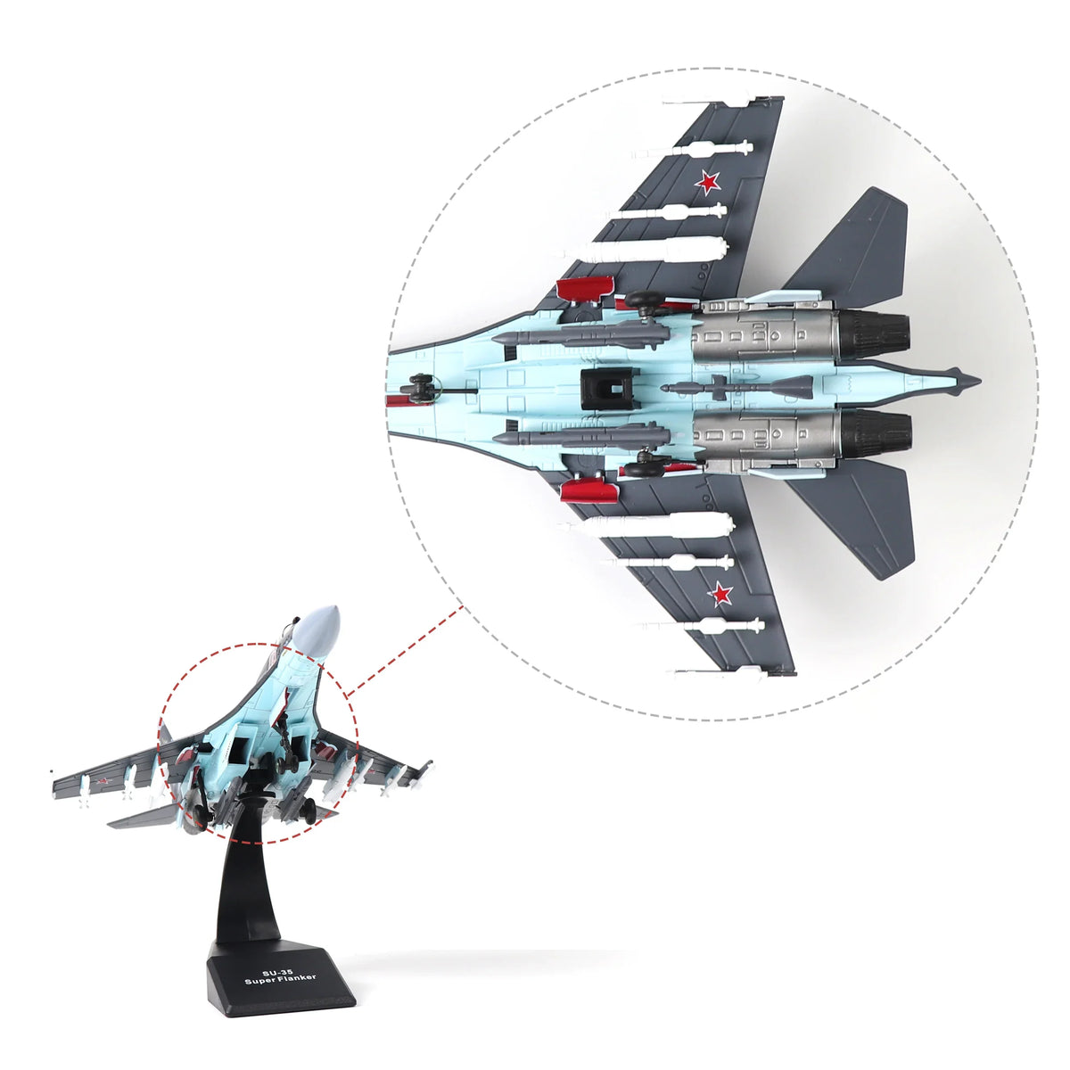 NUOTIE Model Sukhoi SU-35 diecast metal model in gray and blue aircraft top view