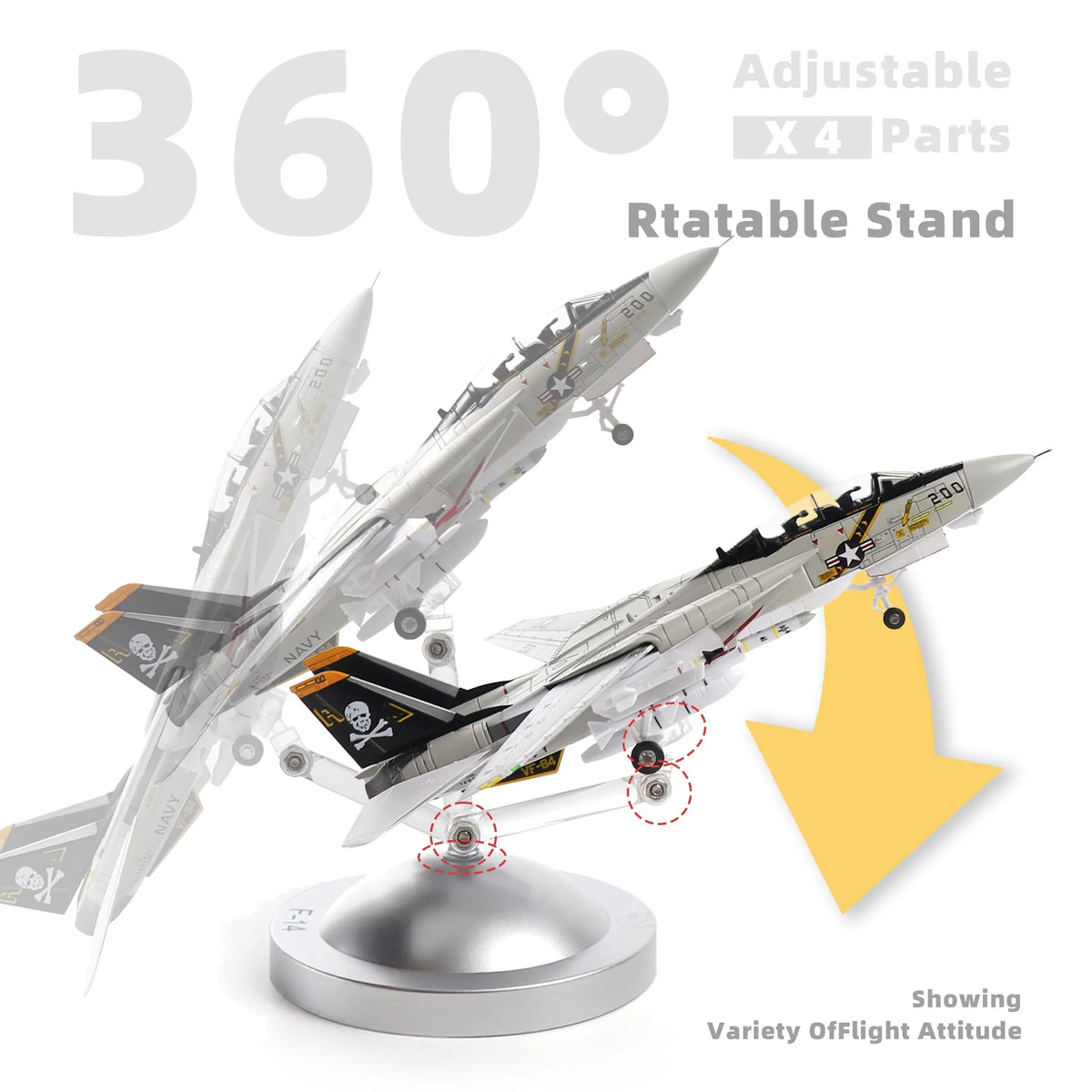NUOTIE Model F-14A Jolly Rogers fighter model aircraft with adjustable stand, 360-degree view
