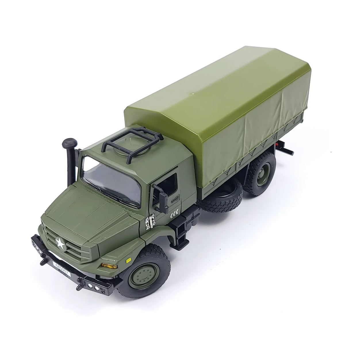 Front view of the tactical vehicle model in green with a star emblem and detailed features.