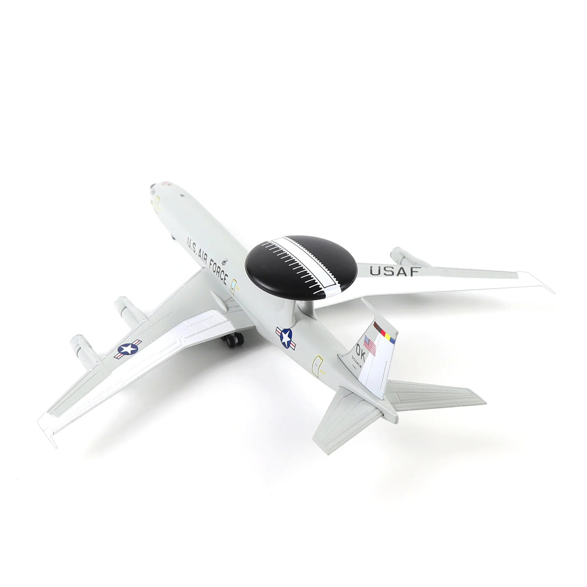NUOTIE Model E-3 Sentry AWACS aircraft in gray with stand, top view