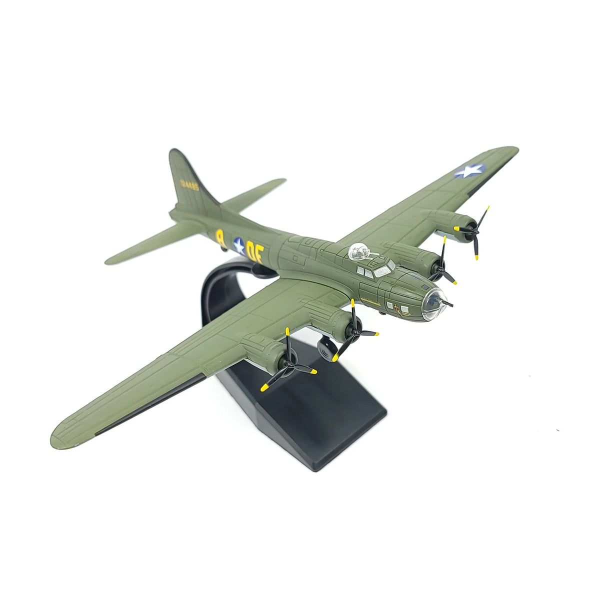 NUOTIE Model B-17F Flying Fortress diecast model in green with black stand, front view