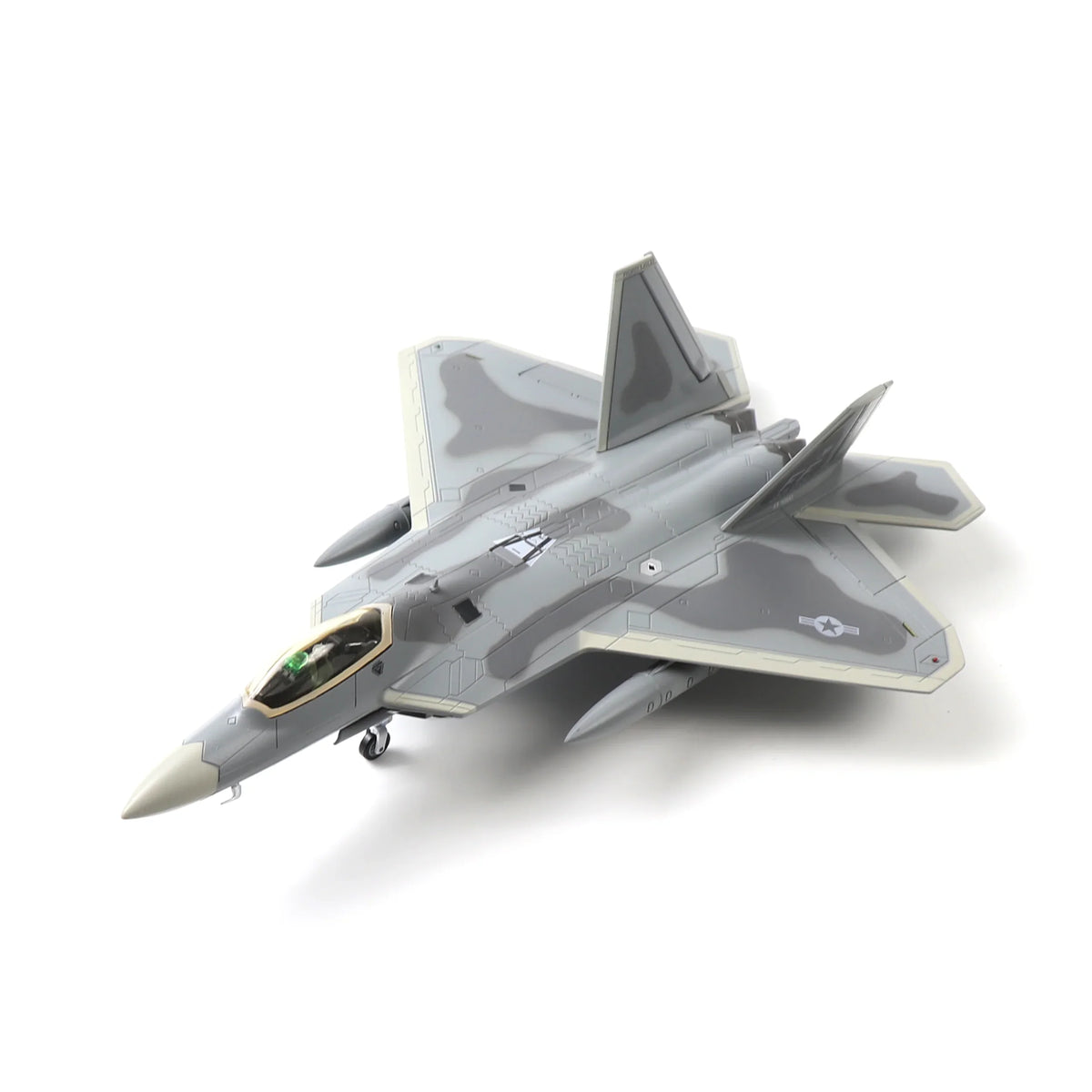 NUOTIE F-22 Raptor diecast metal model aircraft in grey with camouflage pattern, top view