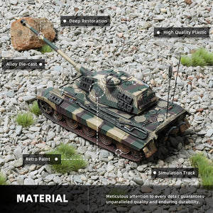Close-up of the 1/72 German Tiger I tank model highlighting materials and features like die-cast and simulation track.