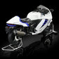 Side view of the Suzuki Hayabusa motorcycle model on a stand, highlighting its sleek design and color.
