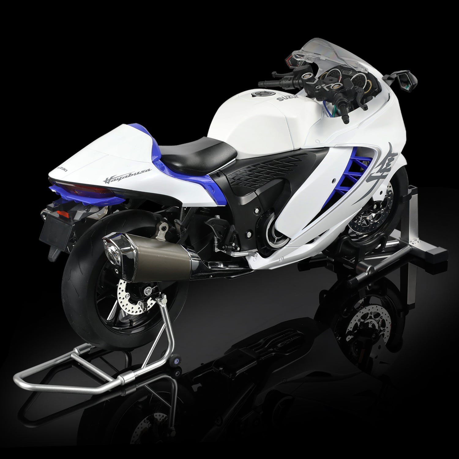Side view of the Suzuki Hayabusa motorcycle model on a stand, highlighting its sleek design and color.